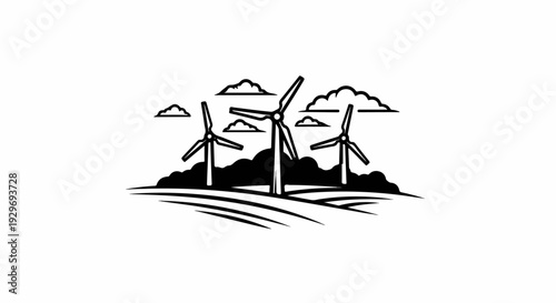 Black and white graphic of wind turbines against a cloudy sky
