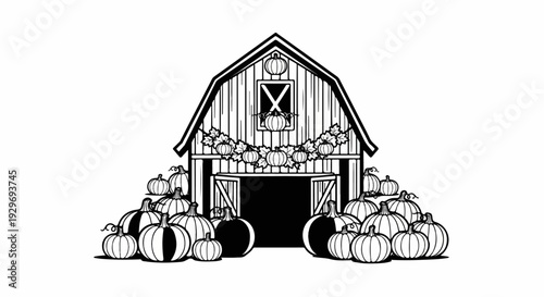 A black and white illustration of a barn decorated with pumpkins and autumn leaves