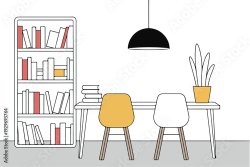 Smooth line art vector of classroom corner with wooden desk, book shelves, potted plants, educational workspace for students