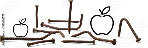 Rusty metal fasteners and stylized fruit silhouettes on a white background