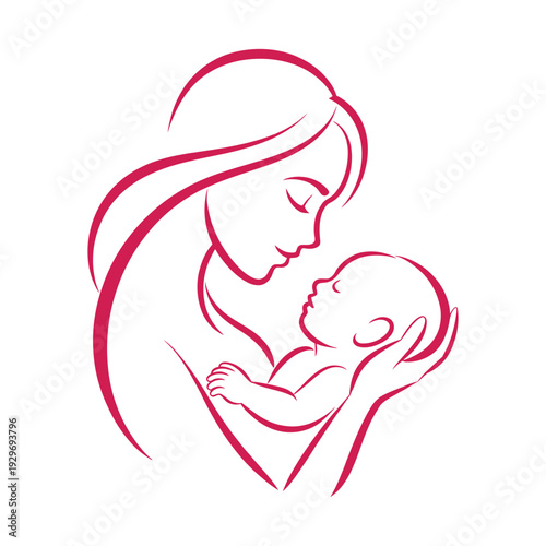 An elegant outline drawing of a mother gently cradling her newborn baby with tender affection