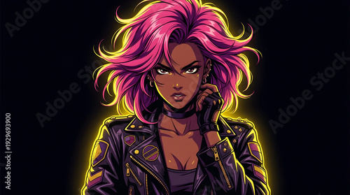 Anime illustration of Brazilian woman with pink hair and rim lighting