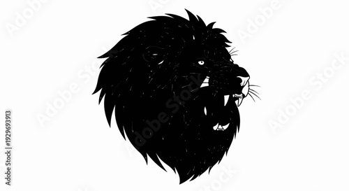 A black silhouette of a roaring lion head with sharp teeth is shown