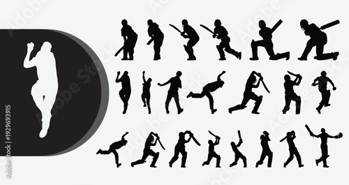 Cricket players in various dynamic action poses silhouettes