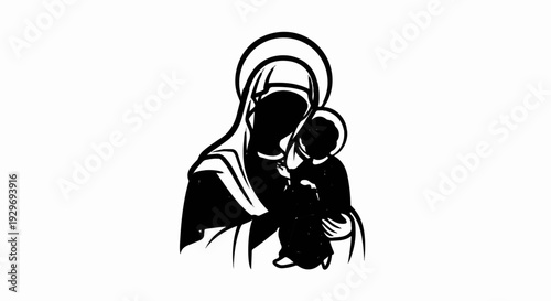Stylized monochrome depiction of a mother cradling her child, halo