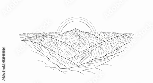 Stylized line art depicts a mountain range under a double rainbow arc