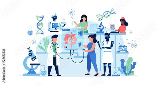 Advanced Healthcare Technology & AI: Doctors, Robots, and Scientists Collaborating in Medical Research and Digital Diagnostics