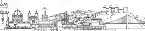 A panoramic line art illustration of a historic city with prominent landmarks and a suspension bridge