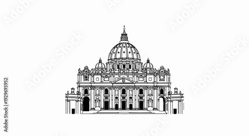 Ornate domed cathedral facade with classical architectural elements, rendered in black and white