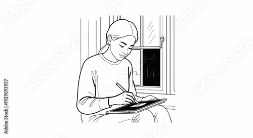 Woman using stylus on tablet device by window at night