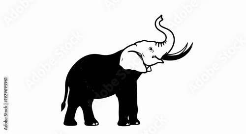 A black and white line drawing of an elephant with its trunk raised