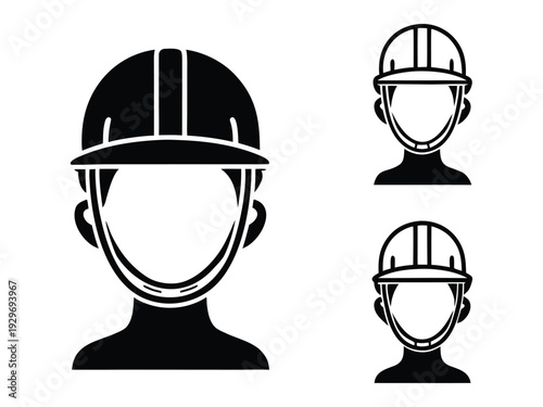 Three hard hat PPE risk alert black and white silhouette of people wearing hard hats front and side views