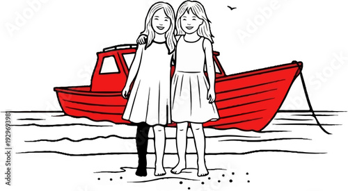 Two smiling girls in dresses stand by a red boat on the water with a bird in the sky