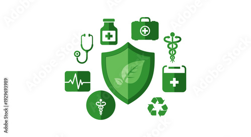 Holistic Health and Medical Care Protection: Green Icons for Wellness, Nature, and Sustainability