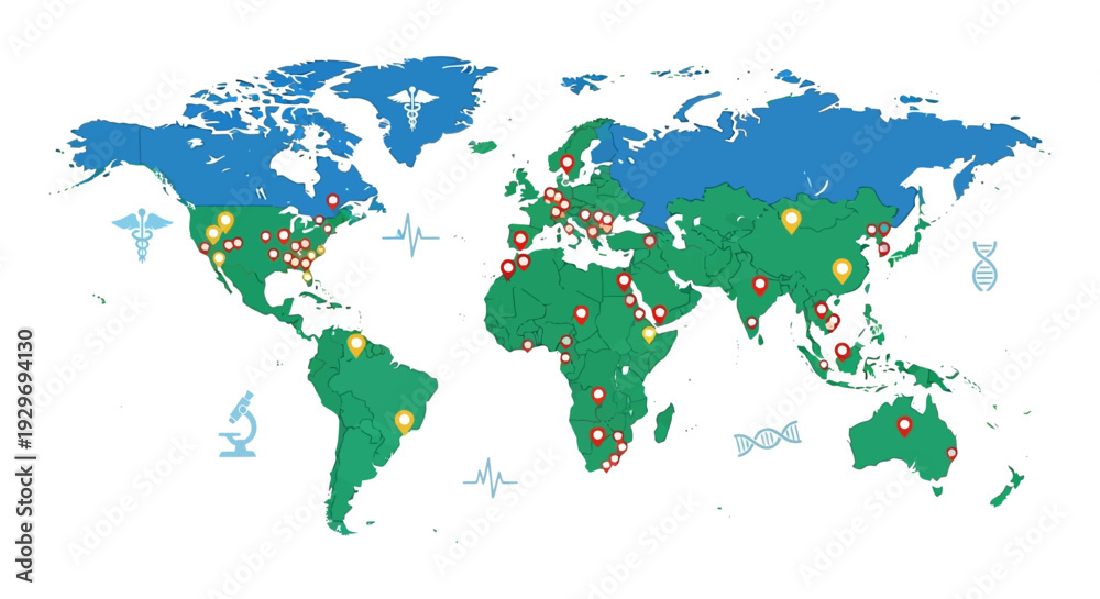 Fototapeta premium Global Medical & Research Network Map with Location Pins and Healthcare Icons