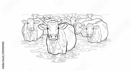 Herd of cows standing in water in a line, black and white drawing