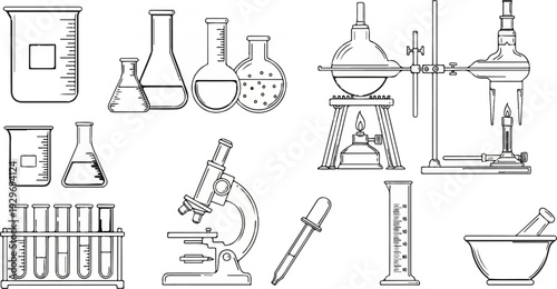 Collection of scientific laboratory equipment, including glassware, microscopes, and heating apparatus