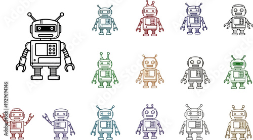 Diverse array of cartoon robots in various colors and poses