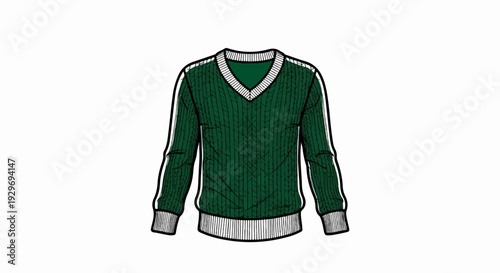 Textured dark green v-neck sweater with white striped details on collar, cuffs and sleeves