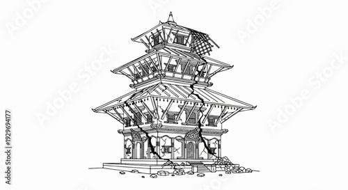 An intricate, multi-tiered traditional structure with deep cracks and fallen debris