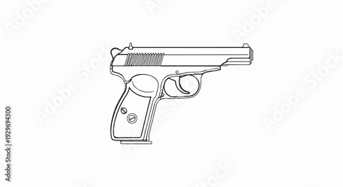 Detailed outline drawing of a semi-automatic handgun, showcasing intricate mechanical features