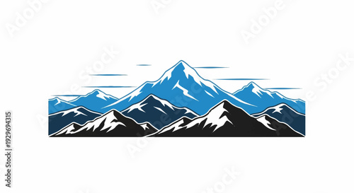 Majestic blue and black mountain range illustration with snow-capped peaks