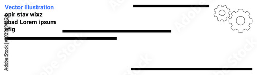 Business presentation, technical documentation, workflow design, industrial theme, process explanation, abstract communication. Black lines with gear icons. Business and technical documentation