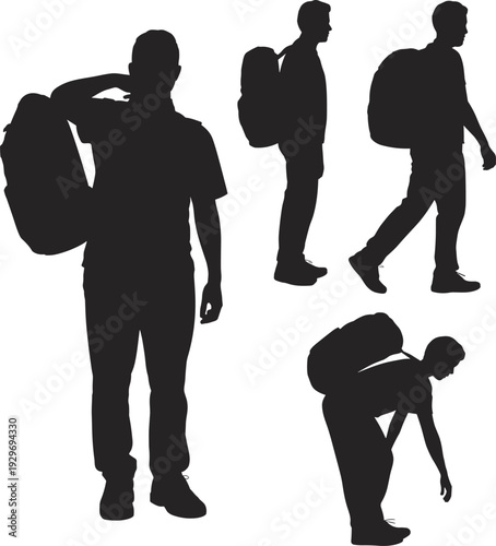Silhouette flat vector illustration, of a traveler man with backpack, handyman with wrench, and woman waving, on white background 