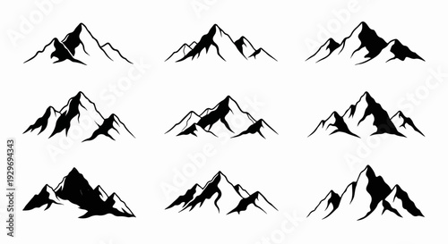 A collection of nine stylized black and white mountain silhouettes against a white background