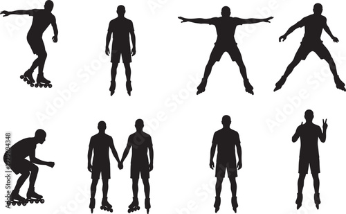 Roller skater silhouette set with men inline skating in various poses, professional skaters, extreme sports hobby, fitness activity, and athletic male figure icons,