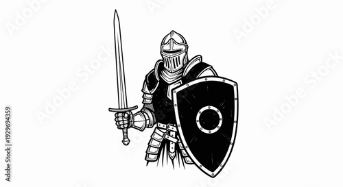A fully armored knight stands holding a sword and shield in a classic pose