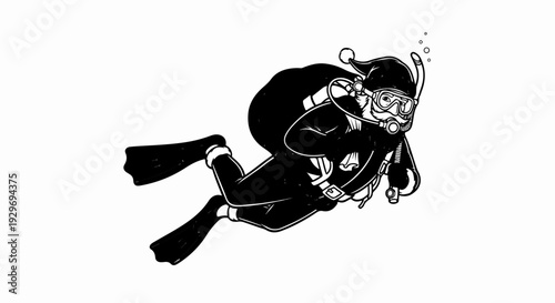 Festive diver with a sack of gifts descends, wearing a hat, mask, and gear