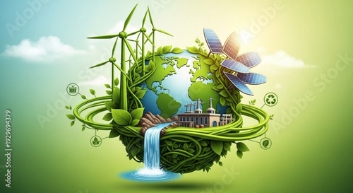 Eco friendly earth with green vines wind turbines and waterfall symbolizing sustainable living and renewable energy sources