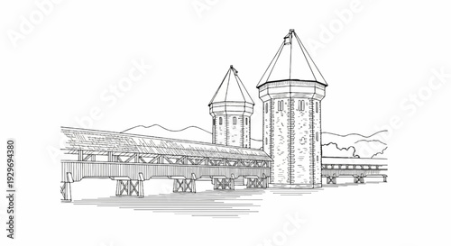 Sketch of a historical wooden bridge with two towers and distant hills