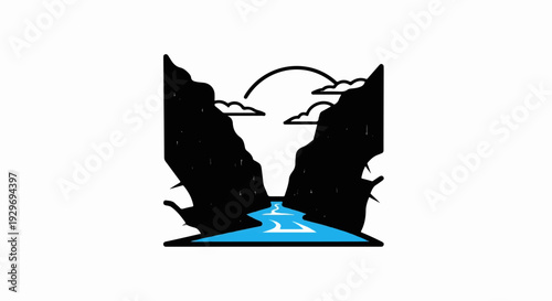 Stylized gorge with blue river, clouds and arched sky element