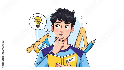 Young man thinking with a new idea above open book and stationary tools