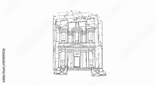 Ancient rock-cut facade with columns, elaborate carvings, and two camels