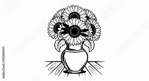 Stylized black and white line art of a bouquet of sunflowers in a vase