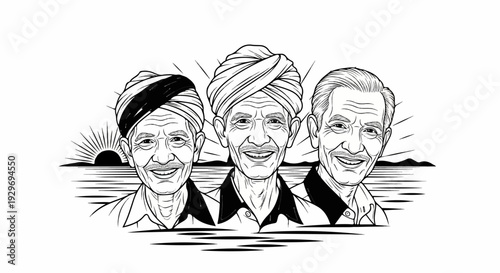 Three smiling men with turbans against a sunset sunrise over water