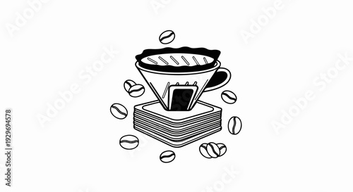 Line art illustration of a pour-over coffee maker with coffee beans scattered around