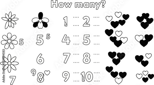 Educational worksheet with flowers, numbers, and hearts for counting practice