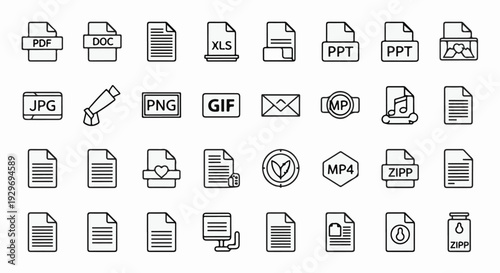 Collection of file format icons including documents, images, audio, and compressed files