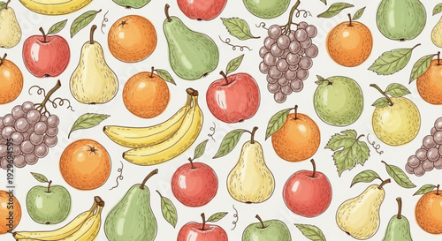 Vibrant fruit pattern with apples bananas grapes oranges and pears on white background for design and decoration