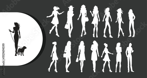 Collection of diverse women silhouettes in various poses and outfits