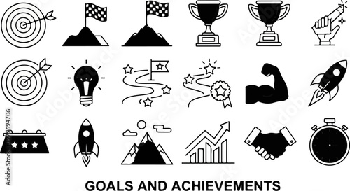 Collection of achievement and success symbols including targets, trophies, rockets, and charts