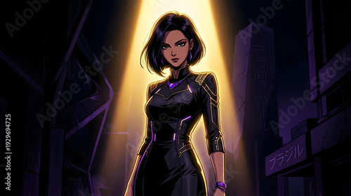Anime illustration of Brazilian woman in black dress with gold light