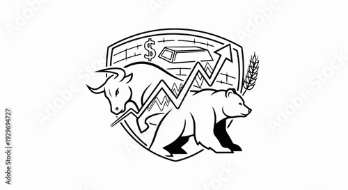 Bull and bear with upward stock chart, gold, and wheat within a shield