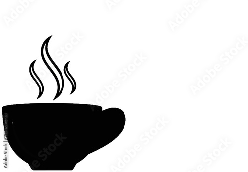 A black silhouette of a steaming cup sits against a white background