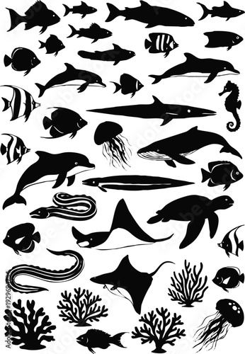 A collection of various marine life forms including fish mammals and invertebrates presented as a silhouette high quality professional detailed modern
