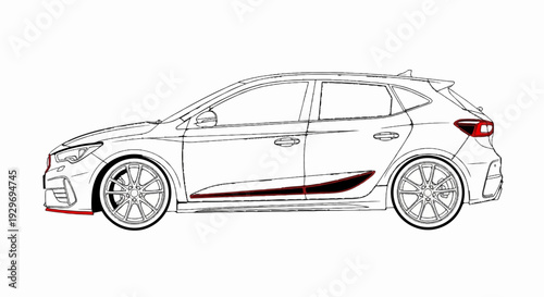 Sketch of a sporty car with red accents on the front and sides